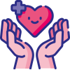 A drawing of a smiling heart floating over open hands